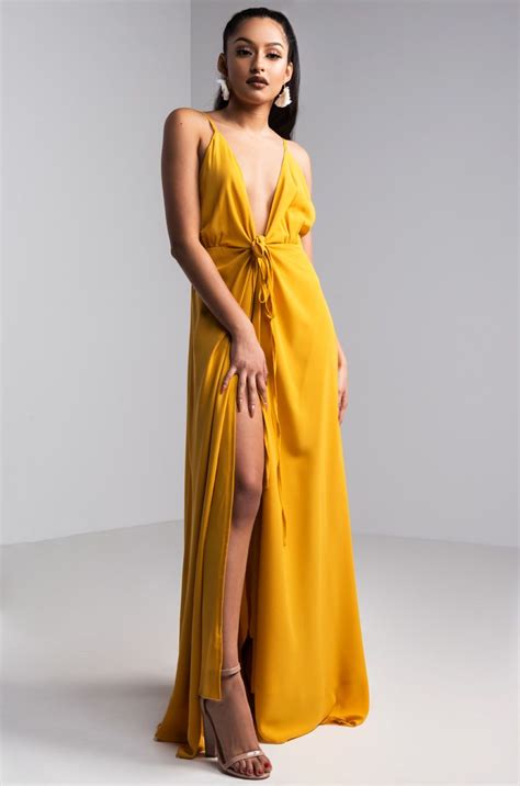 Plunging Neckline Wrap Front Maxi Dress In Mustard Yellow Maxi Dress