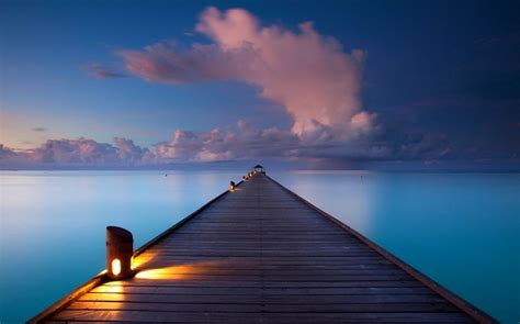 Pier Landscape Maldives Clouds Lamp Tropical Sea Horizon