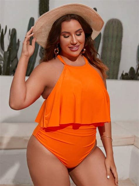 Shein Plus Ruched Halter Neck One Piece Swimsuit Shein Usa