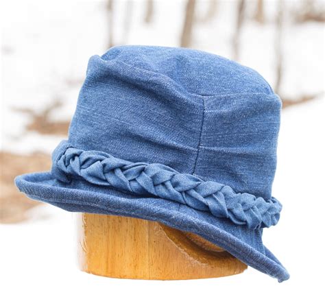 Womens Blue Denim Hat With Curled Brim Upturned Rolled Etsy Uk