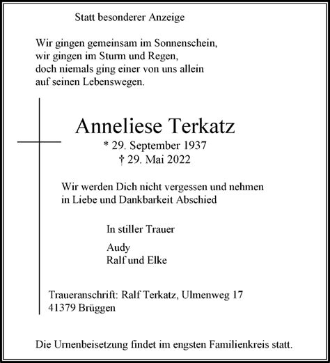 Traueranzeigen Von Anneliese Terkatz Trauer Und Gedenken