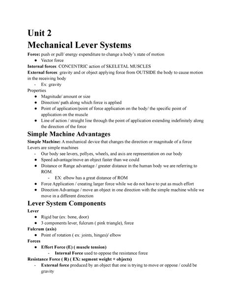 Kins Biomechanics Unit Unit Mechanical Lever Systems Force