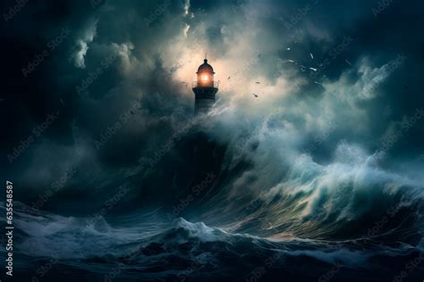 A lighthouse in the middle of a storm with giant waves. Concept: The ...