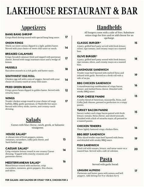 Lakehouse Restaurant And Bar Menu Lakehouse Restaurant And Bar