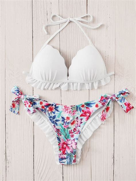 White Frill Hem Swimsuit Halter Top With Floral Bikini Bottom Https