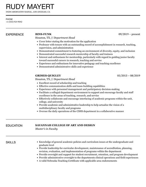 Department Head Resume Samples Velvet Jobs