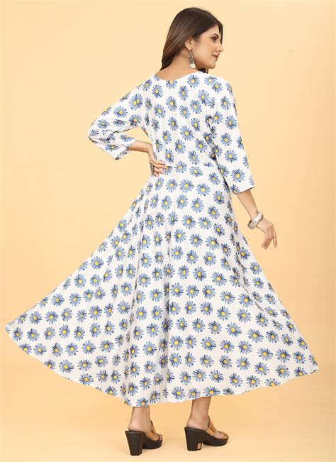 Buy White Faux Georgette Floral Print Dresses And Gown After Six Wear