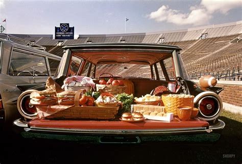 Fall 1960 A Food For A Tailgate Picnic Displayed In The Back A Ford