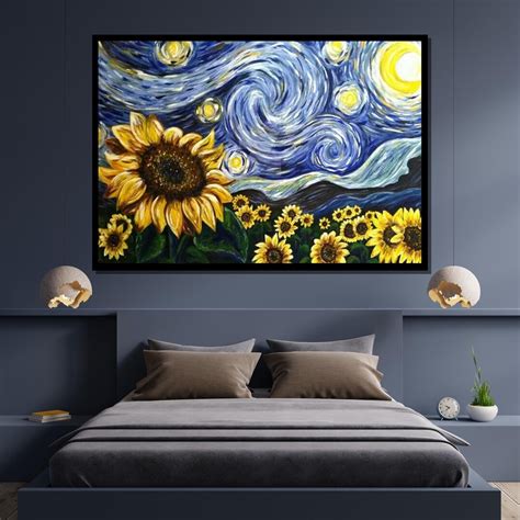 starry night sunflowers canvas van gogh inspired art floral starry