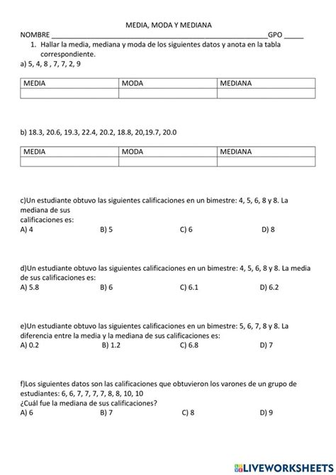 Ejercicio De Media Moda Y Mediana Actividad School Workbook