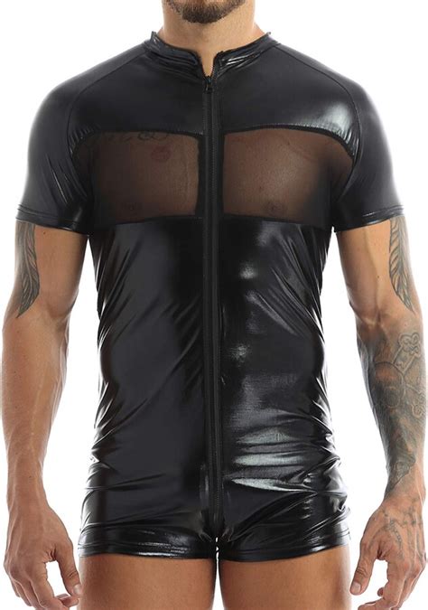 Choomomo Mens Wet Look Patent Leather Front Zipper One Piece Bodysuit