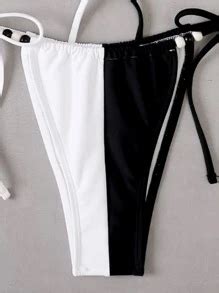 Color Block Bikini Set Beaded Triangle Bra Thong Bottom Pieces