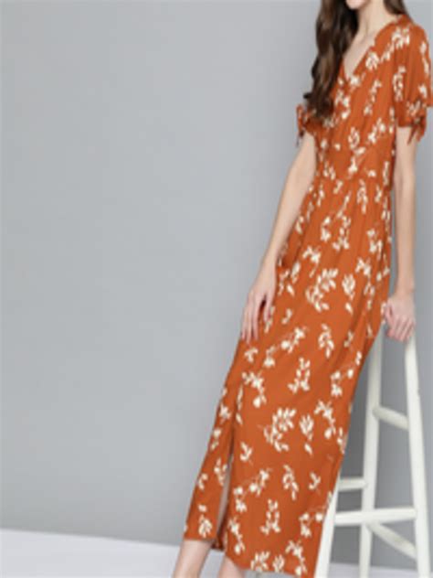 Buy Mast And Harbour Women Rust Orange And Beige Floral A Line Midi Dress