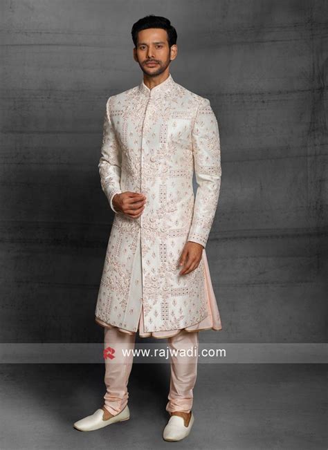 Wedding Wear Raw Silk Anarkali Style Sherwani Indian Groom Wear