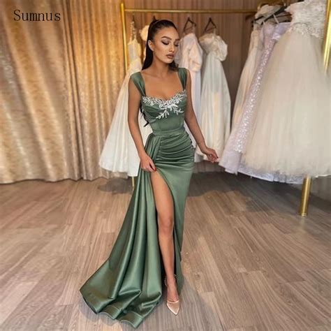 Sumnus Olive Green Prom Dress Spaghetti Straps Lace Appliques Satin Mermaid High Slit Long