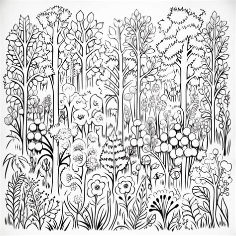 Premium Photo | A drawing of a forest with lots of flowers and trees generative ai