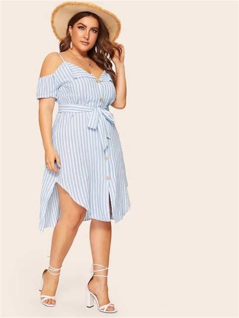 Plus Cold Shoulder Striped Shirt Dress GaGodeal Chemisiers rayées