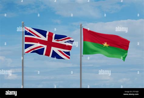 Burkina Faso And Brazil Flags Waving Together On Blue Cloudy Sky Two