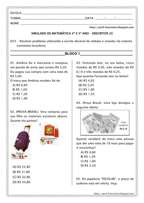 Simulado De Matemática 5 Ano Para Imprimir Gabarito BRAINCP