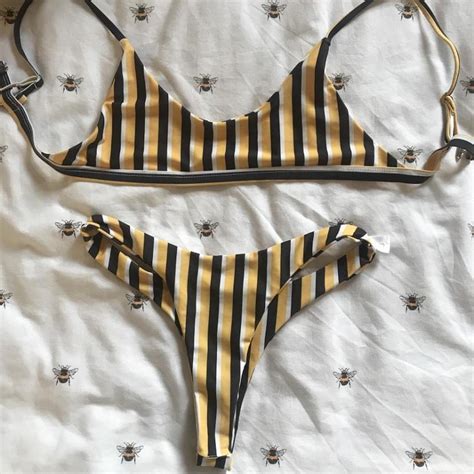 Yellow And Black Bikini Set Stripe High Waisted Depop