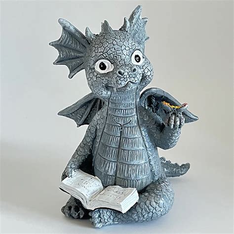 Baby Dragon Reading Book Statue Dragon Sculpture Garden Statue