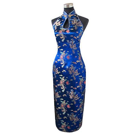 Navy Blue Traditional Chinese Halter Cheongsam Long Qipao Backless