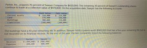 Solved Parker Inc Acquires 70 Percent Of Sawyer Company Chegg