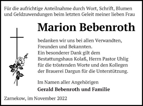 Traueranzeigen Von Marion Bebenroth Trauer Nordkurier