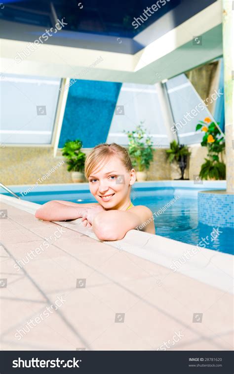 Blonde Woman Swimming Pool Shes Smiling Stock Photo Edit Now