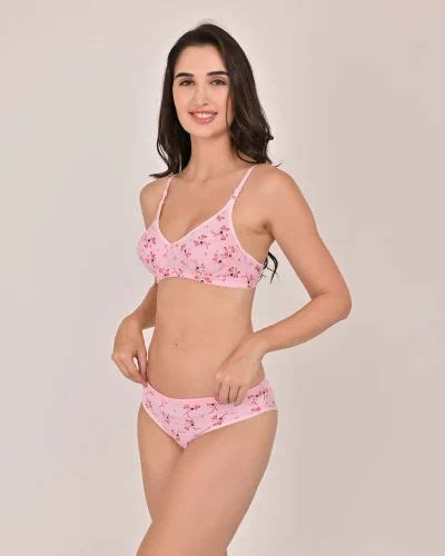 Women Full Coverage Non Padded Hosery Cotton Blend Set Ben Print Pink Lingerie Set At Rs