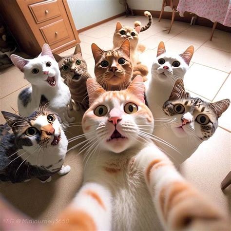 A Group Of Cats Sitting On Top Of A Floor Next To Each Other In Front