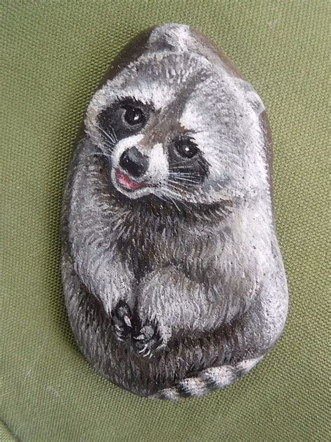 Smiling Raccoon Original Acrylic Painting On River Rock Pictures