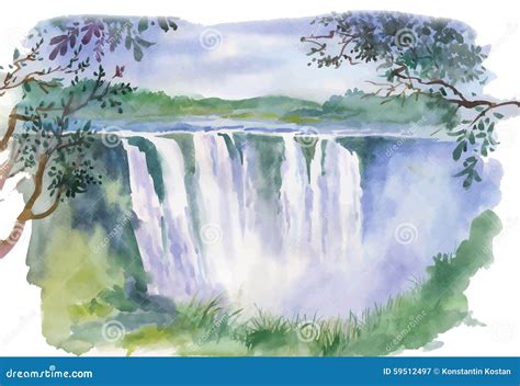 Watercolor Illustration Of Beautiful Waterfall Stock Vector