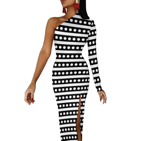 Abstract Striped Polka Dot Bodycon Dress Autumn Black And White Cute