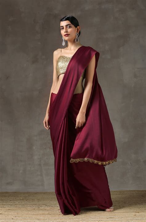 Sangria Satin Saree With Bronze Handmade Lace Swtantra