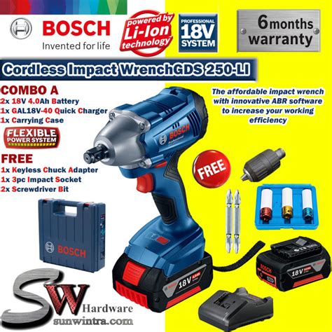 Combo Bosch 18v Cordless Impact Wrench Gds250 Li Professional Keyless