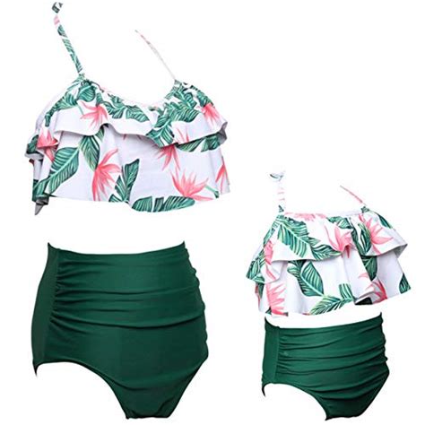 Uhnice Girls Swimsuit High Waisted Two Pieces Bikini Set Swimwear Bathing Suits Mom M Green