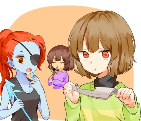 Safebooru Androgynous Blue Skin Brown Hair Chara Undertale Eating Eyepatch Frisk Undertale