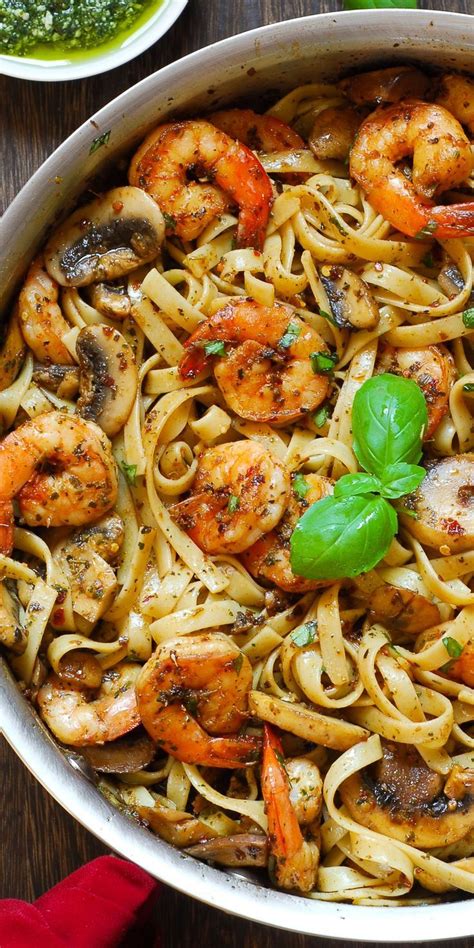 Pesto Shrimp Pasta In Mushroom Garlic Sauce Pesto Shrimp Pesto