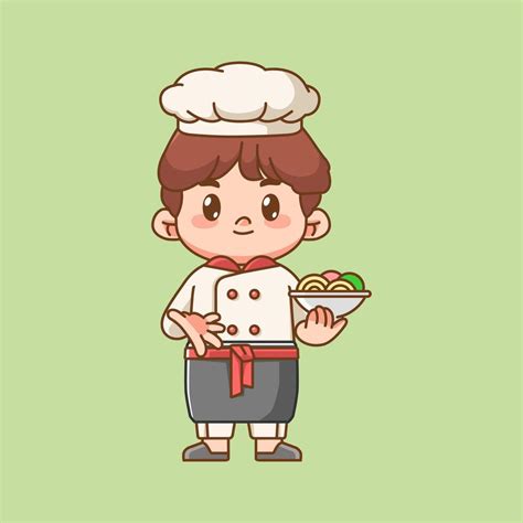 Linda Cocinero Cocinar Servir Tallarines Kawaii Chibi Personaje Mascota