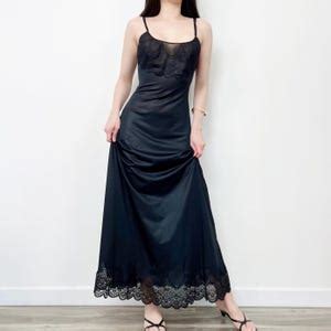 Sz XS Vintage Black Lace Slip Dress Lingerie Maxi Night Gown Etsy