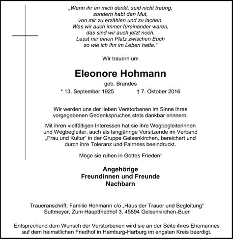 Traueranzeigen Von Eleonore Hohmann Trauer In Nrw De