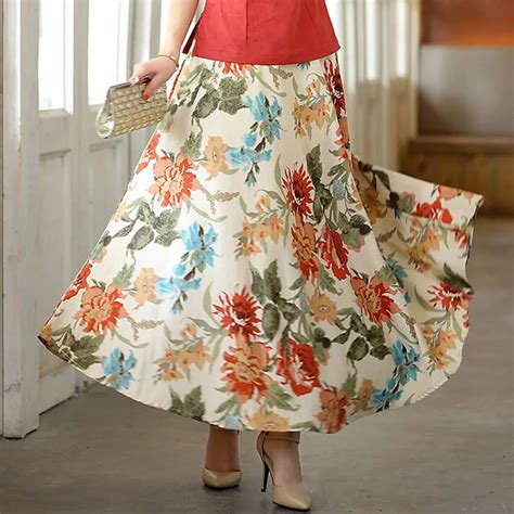 New Fashion Ethnic Skirt Summer Women Big Swing Skirts Bohemian Style Linen Long Skirts Ankle