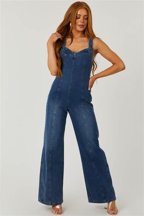 Dark Washed Sleeveless Open Back Denim Jumpsuit And Lime Lush