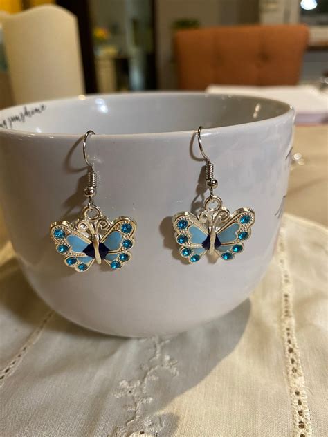 Butterfly Charm Earrings Blue And Silver Butterfly Earrings Cute