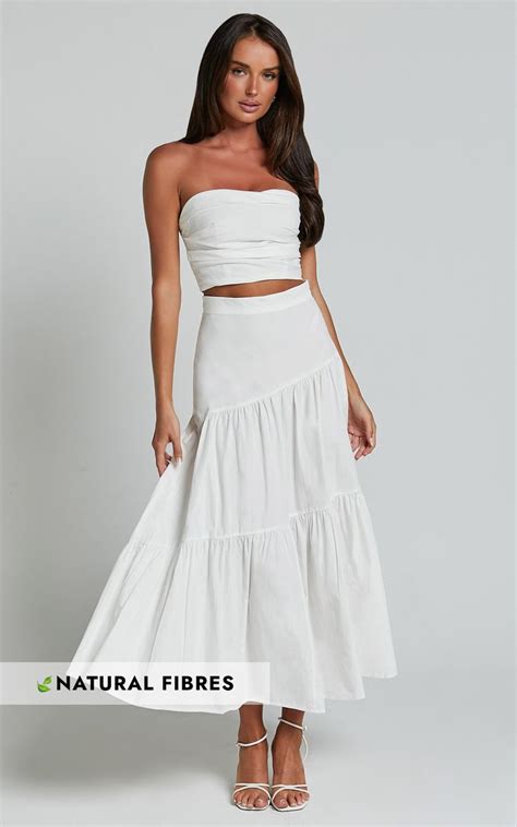 Schiffer Two Piece Set Strapless Top And Tiered Midi Skirt In White