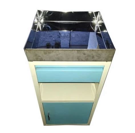 Silver Blue And White Mild Steel Hospital Bedside Locker Polished