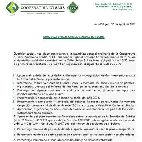 Convocatoria Asamblea General De Socios Cooperativa D Ivars