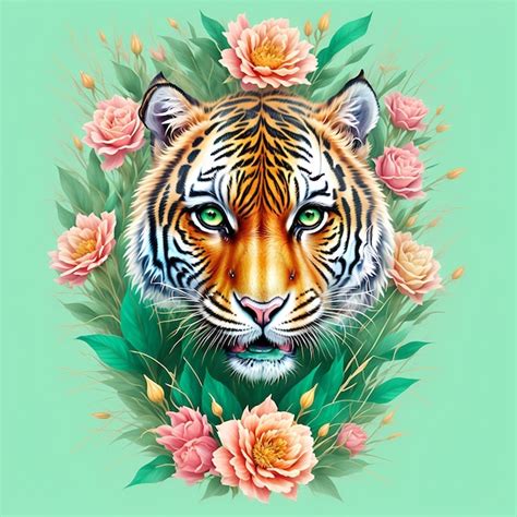 Una Pintura De Un Tigre Con Ojos Verdes Y Un Fondo Verde Con Flores