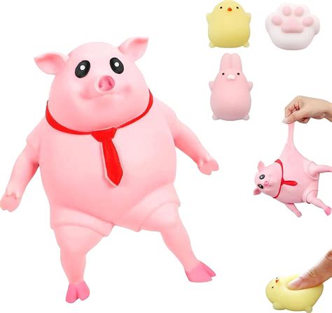 BOZILY Pink Squishy Squeeze Pig Toy With 3 Mini Squishy Fidget Toys For